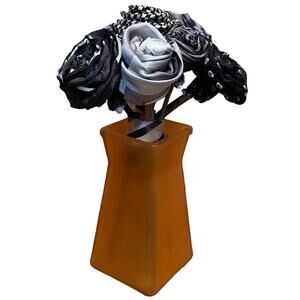 Handmade Upcycled Neck Tie Black White Orange Halloween Rose Bouquet Glass Vase
